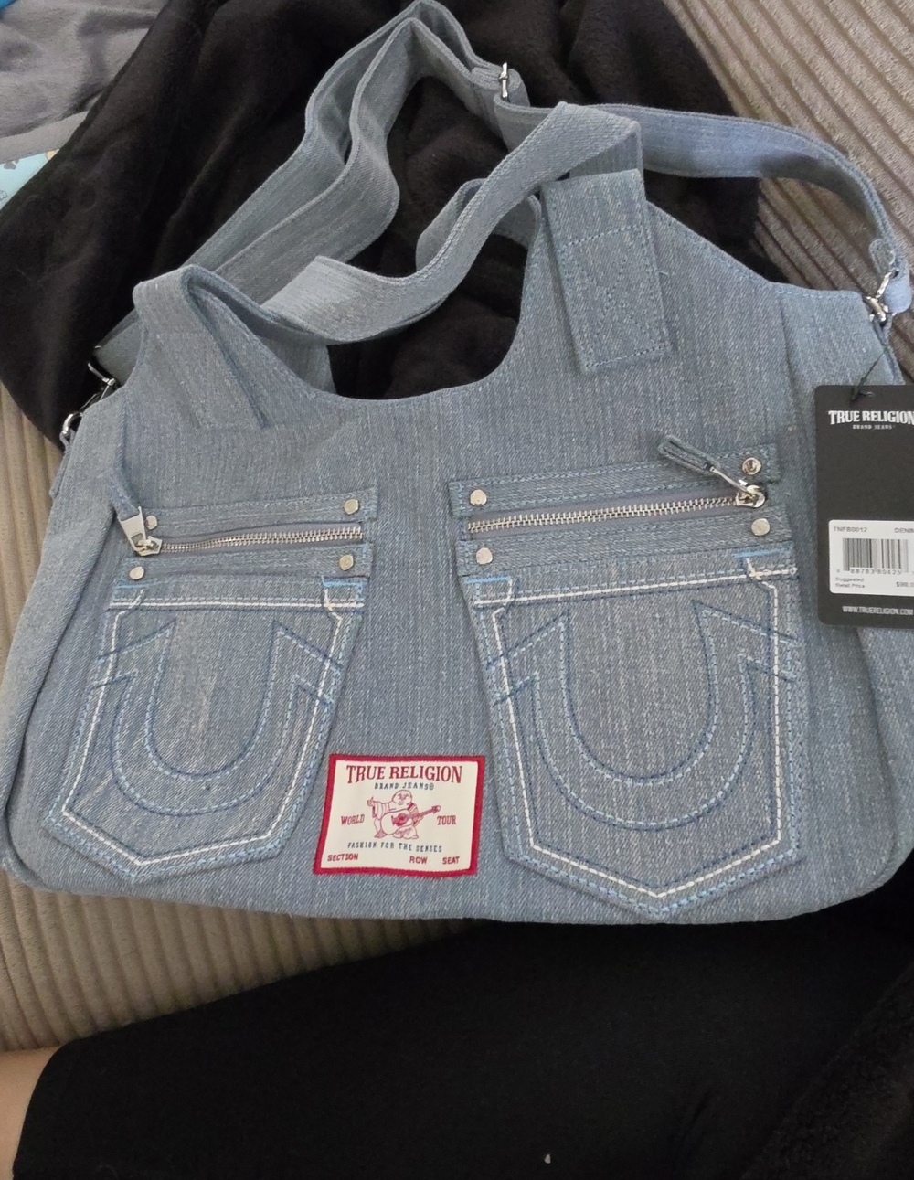 True Religion Light Denim Shoulder Tote with Front Pockets